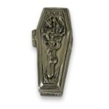 Unusual silver plated coffin shaped vesta case with skeleton, weighing 57.20 grams
