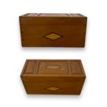 Small, walnut, three part storage box, inlaid with maroon velvet, measuring 22cm in length x 9.5cm