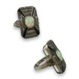 Substantial silver and marcasite dress ring with opal centre panel, size P, weighing 7.96 grams