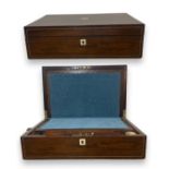 Oak and Mother Of Pearl writing slope, with a blue interior, also includes 1 brass lidded ink jar,