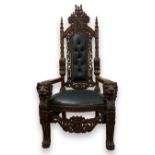 Solid Mahogany frame in Faux Green leather 'Lion King' throne chair, 160cm in height