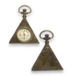 Brass cased masonic triangular shaped pocket watch, weighing 84.10 grams