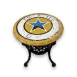 Well designed cast metal "Newcastle Brown Ale" inspired pub table 69cm in height, 59cm in diameter