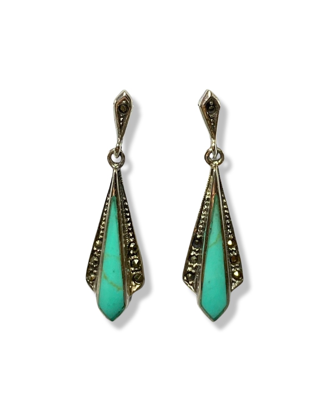 Pair of silver, Turquoise and marcasite drop earrings weighing 4.14 grams measuring 3.5cm in length