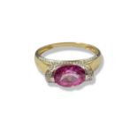 9ct London yellow gold pink stone and diamond fancy design ring weighing 2.16 grams size P