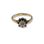 9ct yellow gold diamond and sapphire cluster ring weighing 1.22 grams size H
