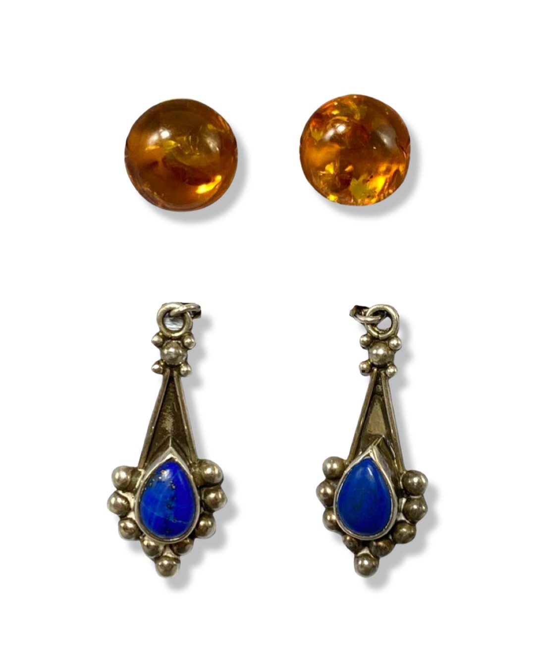 Pair of Silver and amber stud earrings weighing 1.14 grams and a pair of silver and Lapis Lazuli