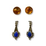 Pair of Silver and amber stud earrings weighing 1.14 grams and a pair of silver and Lapis Lazuli