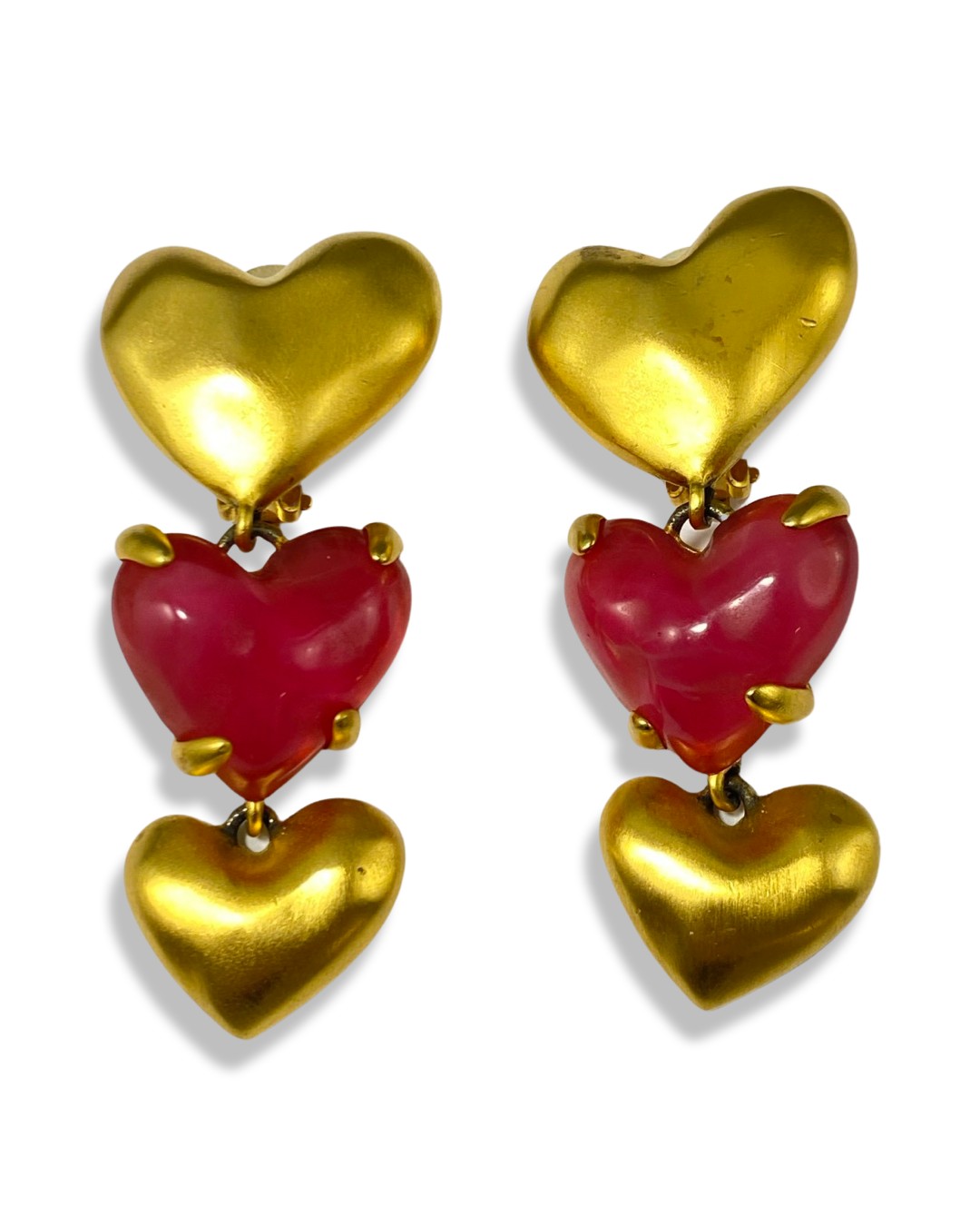 Pair Of Givenchy Pink & Gold Heart Design Drop Earrings weighing 58.3 grams and measuring 7.5cm in