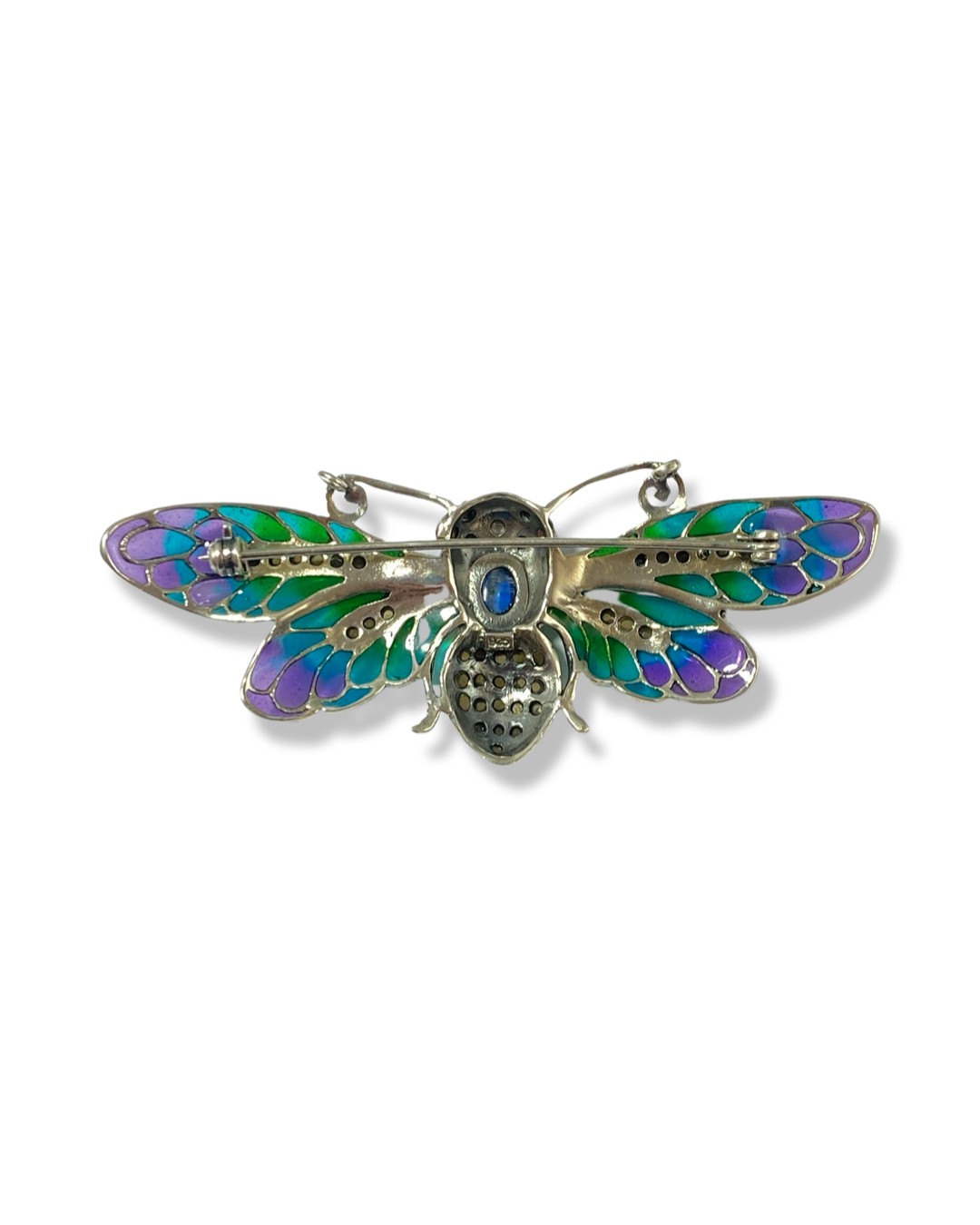 Silver, Plique a Jour and marcasite Bee brooch weighing 10.28 grams, measuring 7.5cm in length and - Image 2 of 2