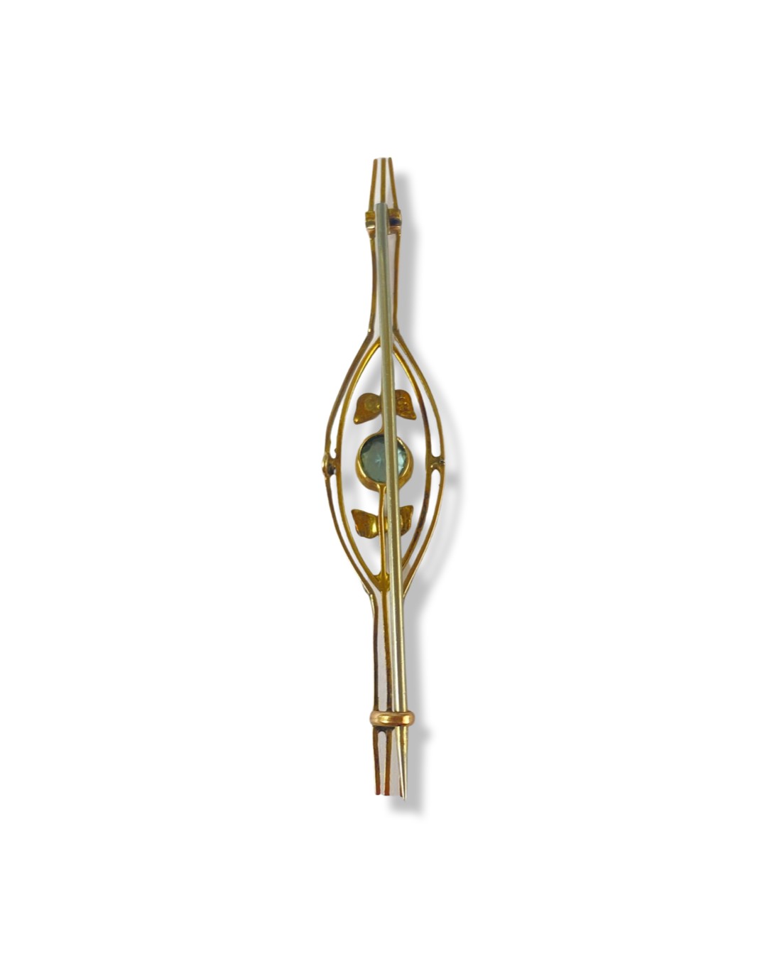 9ct yellow gold fancy design Aquamarine and seed pearl brooch weighing 2.95 grams and measuring 6. - Image 2 of 2