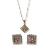 A Gorgeous 9ct Birmingham Yellow Gold Diamond and Pink Sapphire Suite - This suite includes a pair