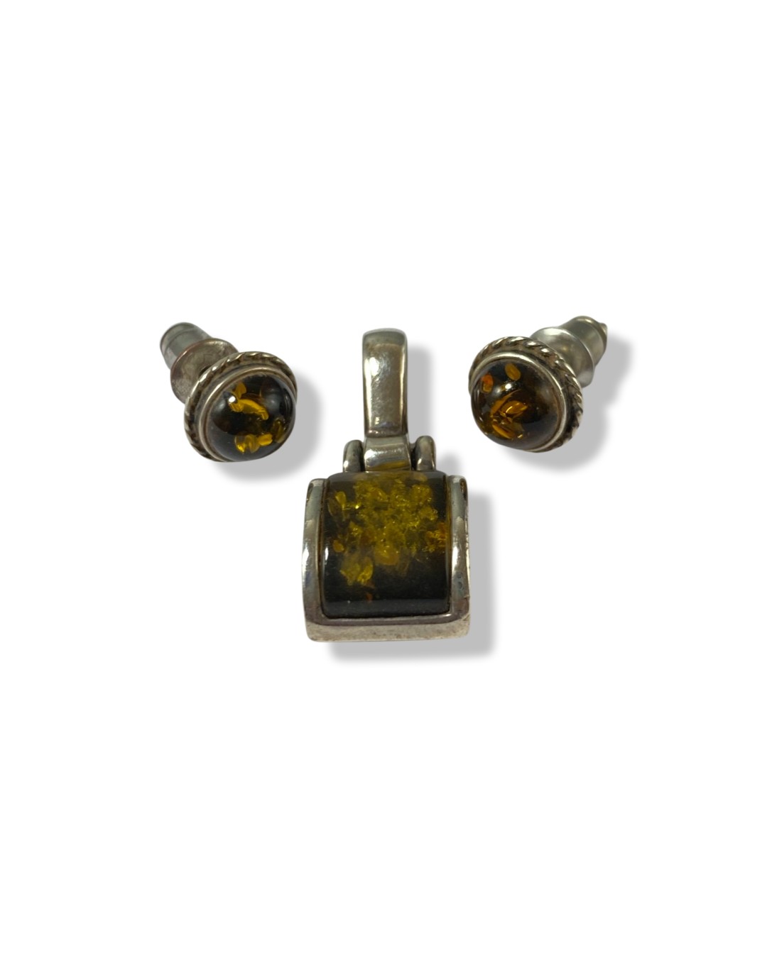 Pair of silver and amber earrings which also include matching silver and amber pendant, weighing 3.