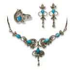 A Vintage 1960'S Diamond & Turquoise Suite Set in White Metal in original box weighing 298 g
