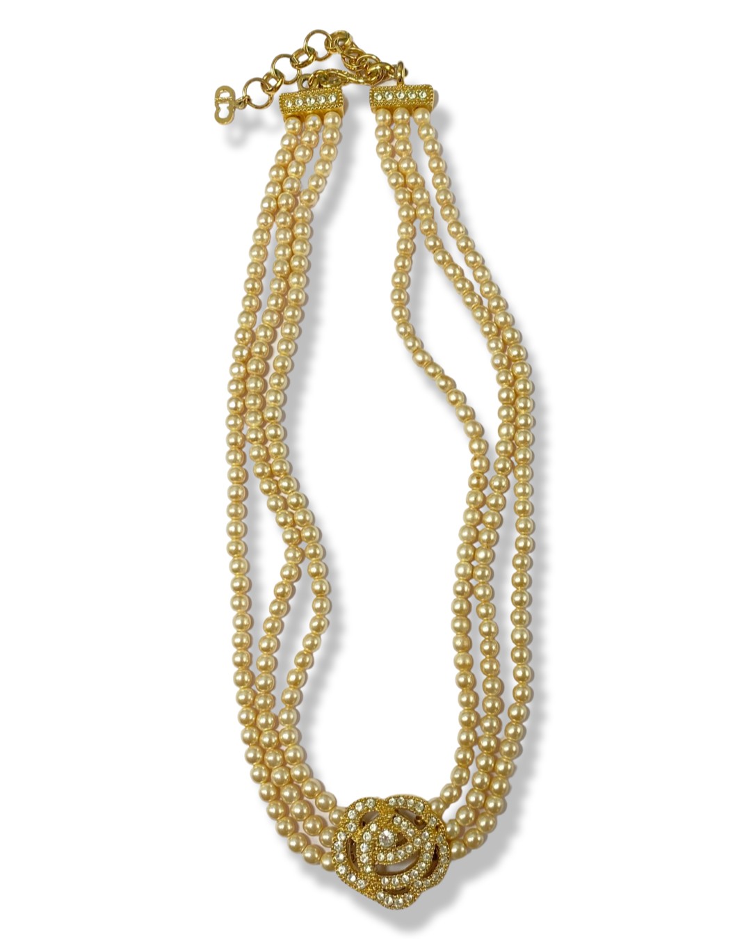 Christian Dior three row pearl necklace with floral centre pendant which is embellished with CZ