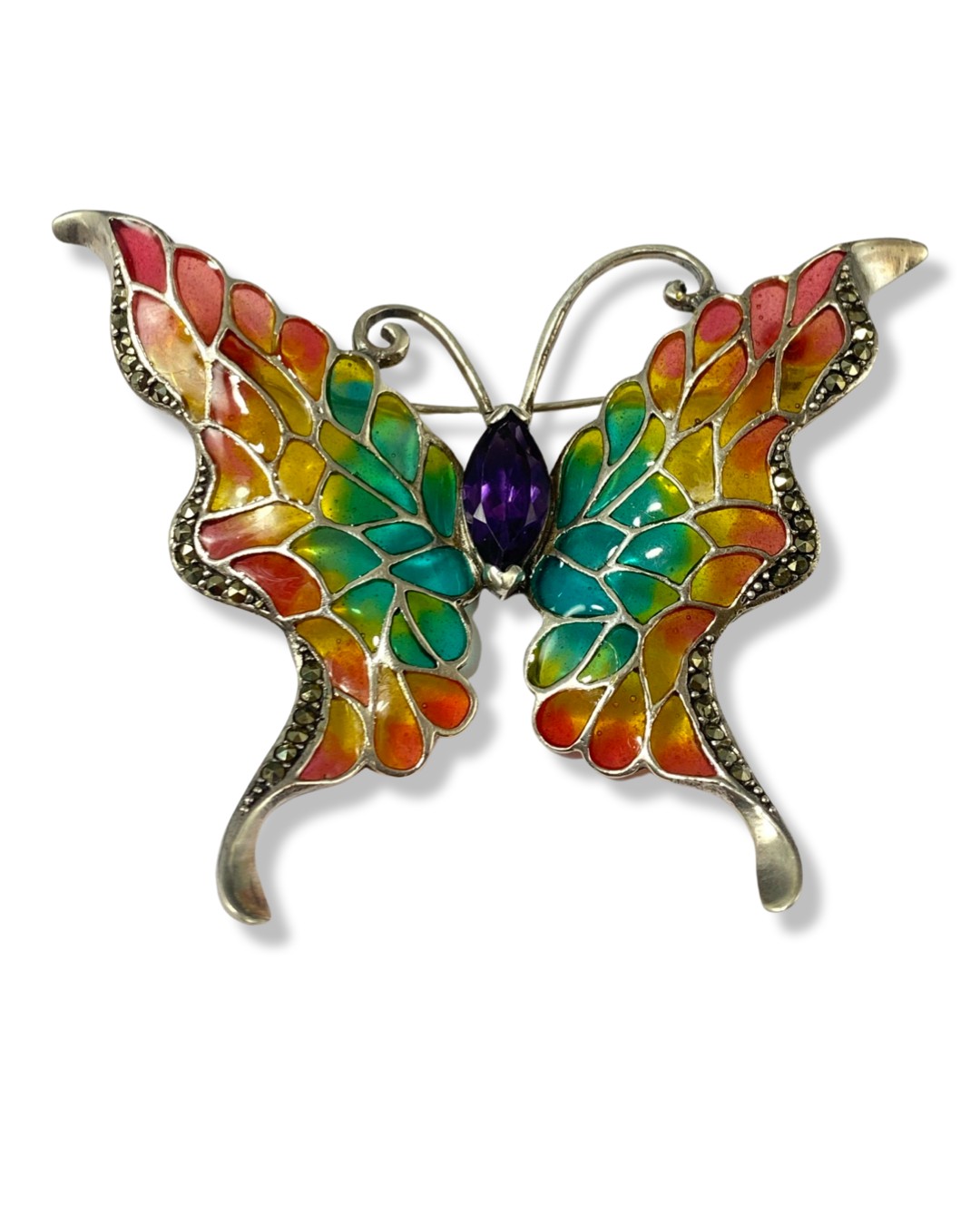 Large silver, Plique a Jour and marcasite butterfly brooch weighing 12.82 grams, measuring 7cm in