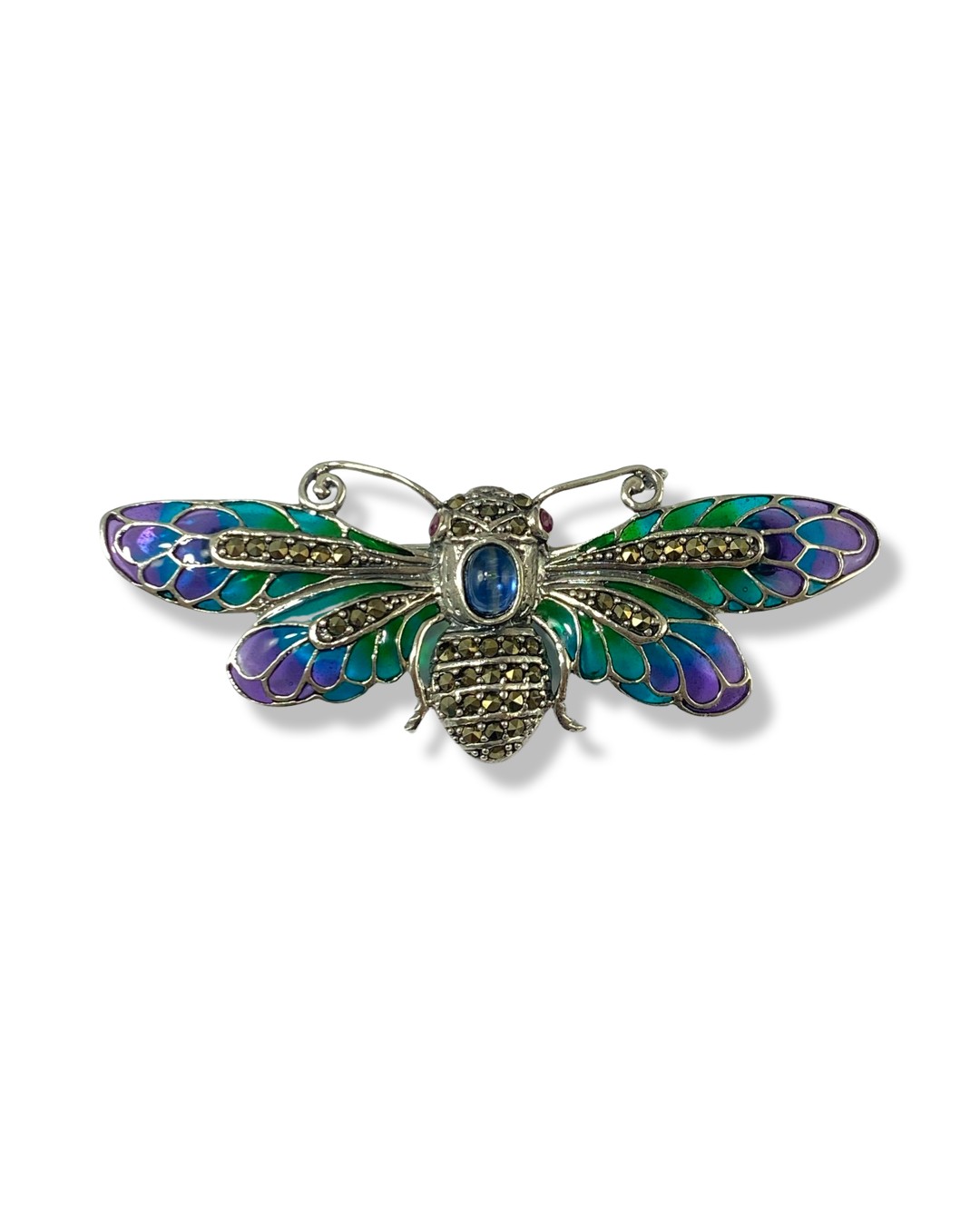 Silver, Plique a Jour and marcasite Bee brooch weighing 10.28 grams, measuring 7.5cm in length and