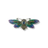 Silver, Plique a Jour and marcasite Bee brooch weighing 10.28 grams, measuring 7.5cm in length and