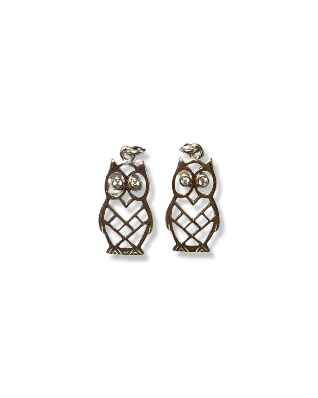 Pair of silver owl drop earrings, set with CZ stones for eyes weighing 2.37 grams, owl measures 2cm