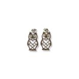 Pair of silver owl drop earrings, set with CZ stones for eyes weighing 2.37 grams, owl measures 2cm