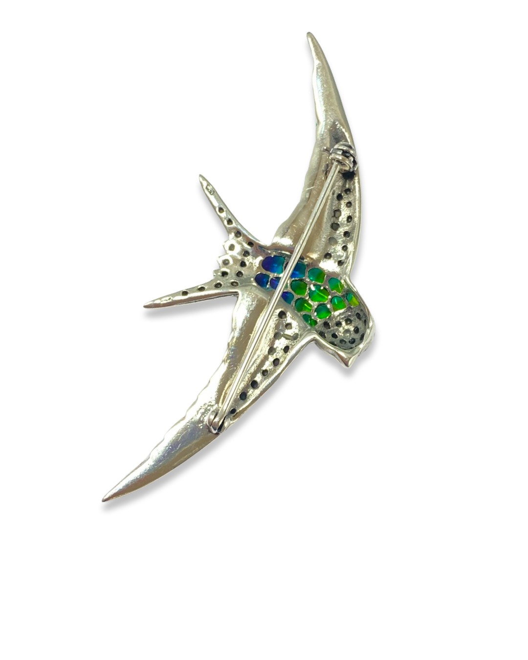Silver, Plique a Jour and marcasite bird brooch weighing 7.87 grams, measuring 3cm in length and 7cm - Image 2 of 2