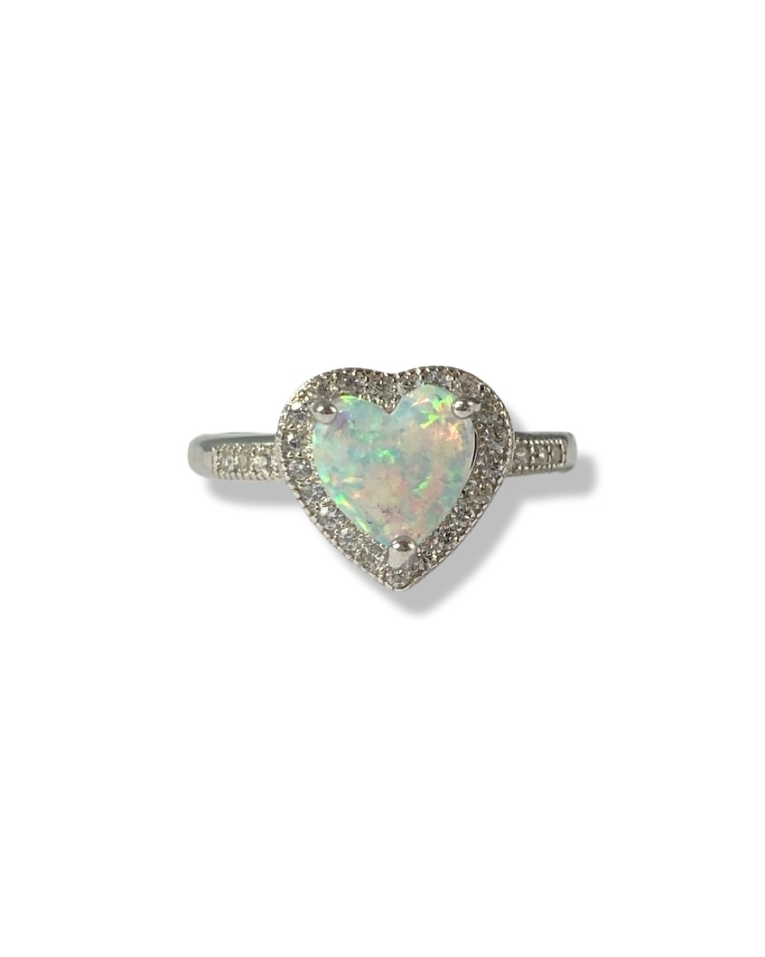 Silver, opal and CZ love heart cluster ring weighing 2.26 grams size I 1/2