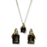 9ct yellow gold Smokey quartz and diamond suite - This suite includes a pair of stud drop earrings