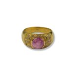 18ct yellow gold diamond and pink sapphire fancy design ring weighing 7.47 grams size L