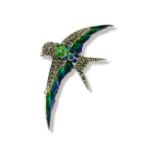 Silver, Plique a Jour and marcasite bird brooch weighing 7.87 grams, measuring 3cm in length and 7cm