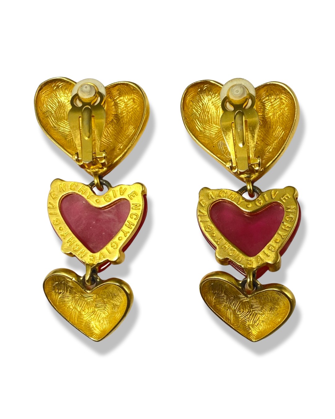 Pair Of Givenchy Pink & Gold Heart Design Drop Earrings weighing 58.3 grams and measuring 7.5cm in - Image 2 of 2