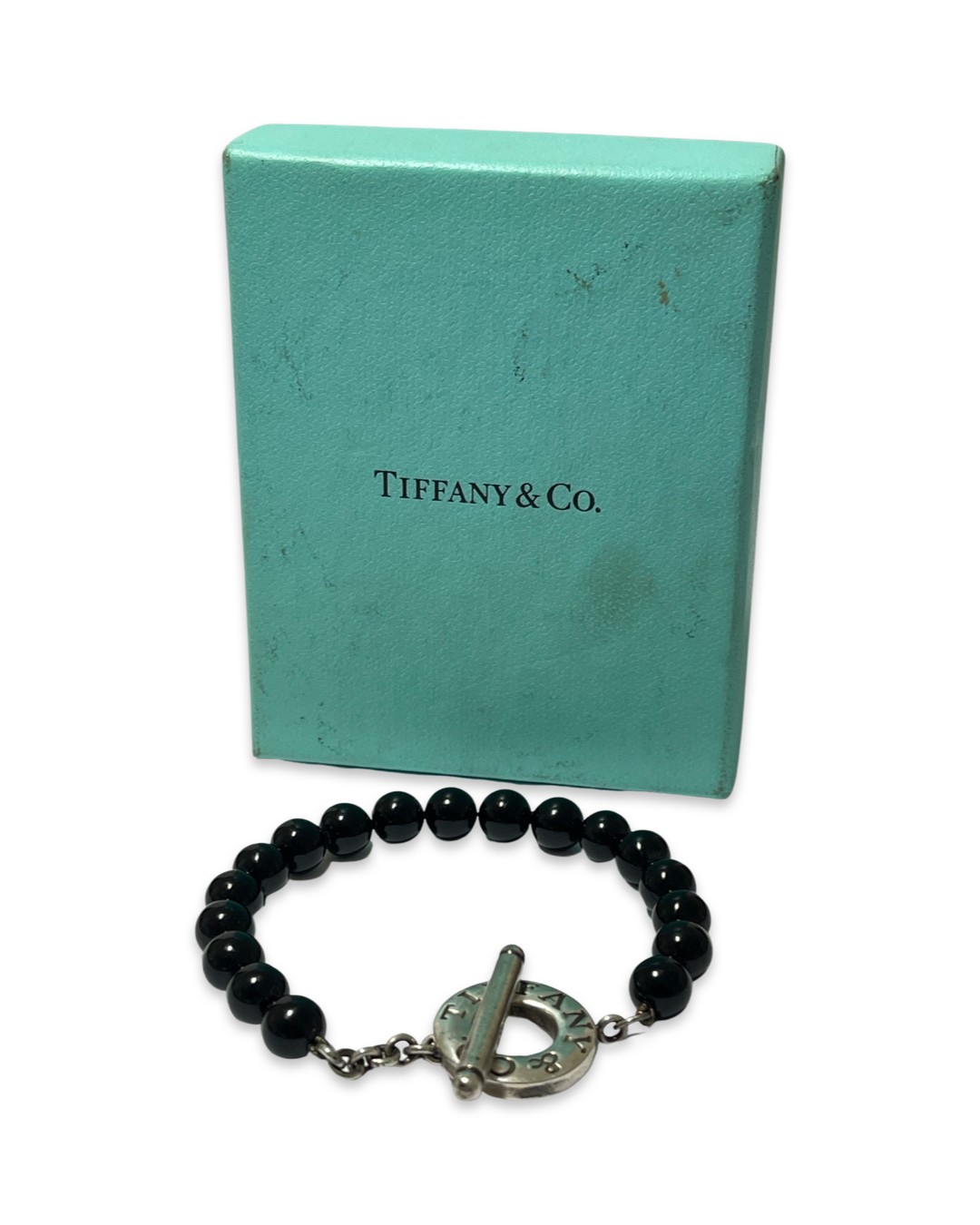 Tiffany & Co. Black Onyx Beaded Bracelet with Silver Clasp in original box weighing 23.75 grams