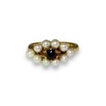 Vintage 9ct Gold Garnet & Pearl Navette Shape Ring Weighing 5.1 grams Size N