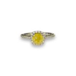 Brand New Ex Display 0.97ct Natural Fancy Yellow Diamond with Diamond Halo in 14ct White Gold