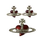 Vivienne Westwood Red Heart Orb brooch and earrings Set weight of 34.71 grams