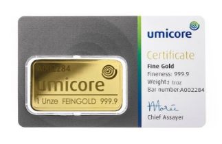 Umicore 999.9 fine Gold 1 Ounce Bar
