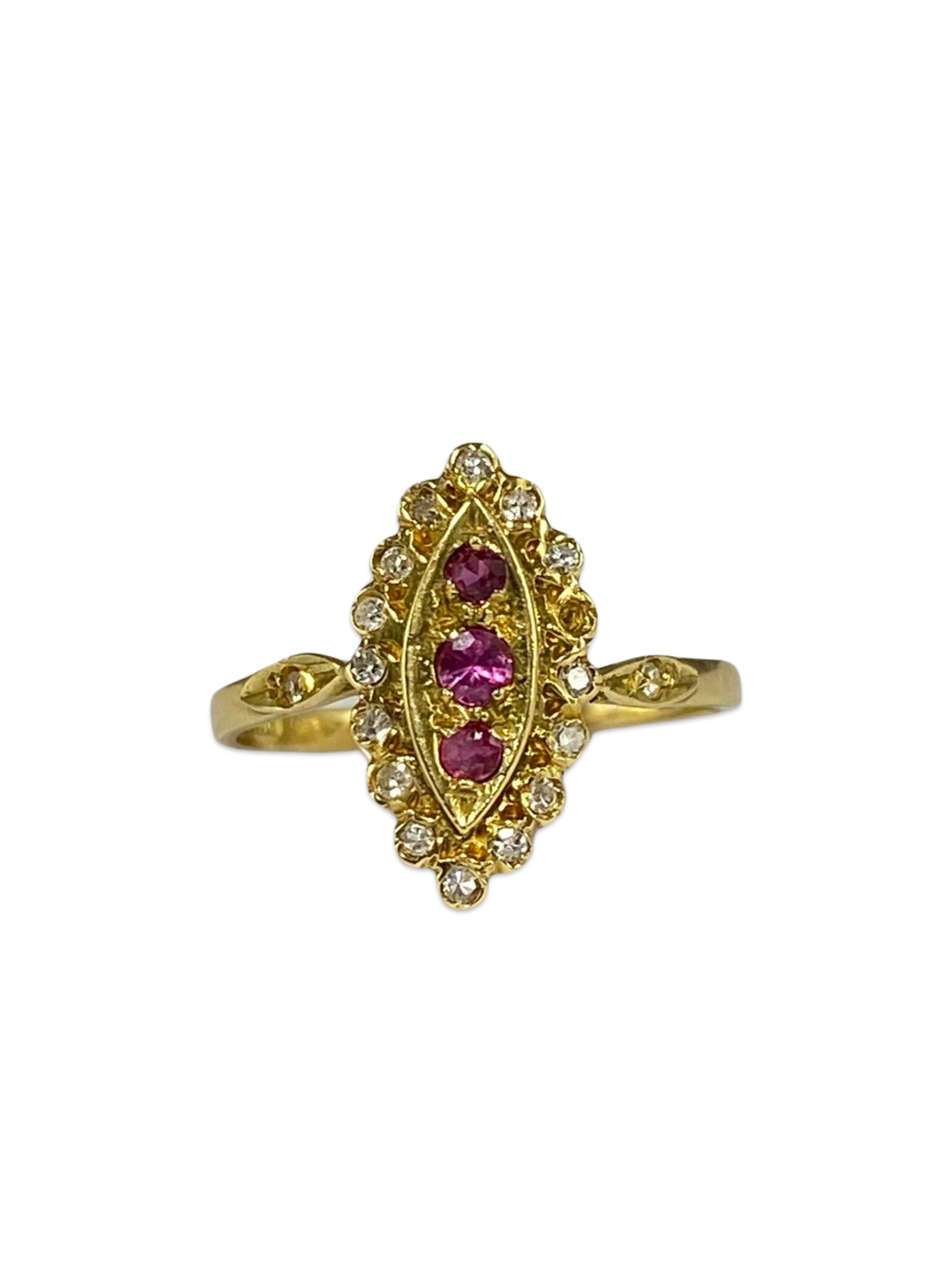18ct Yellow Gold London 1989 Fancy Design Pink Stone and Diamond ring weighing 3.99 grams size M 1/2