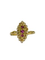 18ct Yellow Gold London 1989 Fancy Design Pink Stone and Diamond ring weighing 3.99 grams size M 1/2