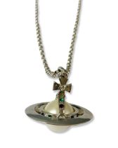 Vivienne Westwood Silver Faux Pearl and Multi Tone Stone Orb Statement Pendant on Chain Weighing