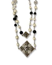A Stunning Chanel Faux Pearl and Black Bead Necklace with CC Logo Design Measuring 124cm in length