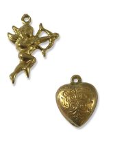 9ct Gold Pair of charms, Cupid and a Heart Weighing 1.14 grams Collectively