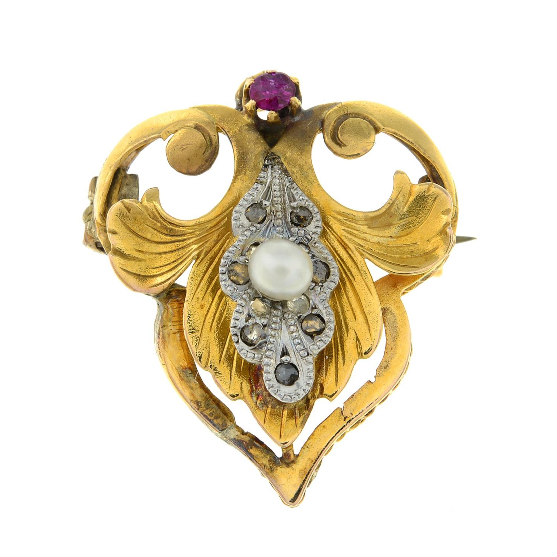 A ruby, rose-cut diamond and seed pearl brooch.