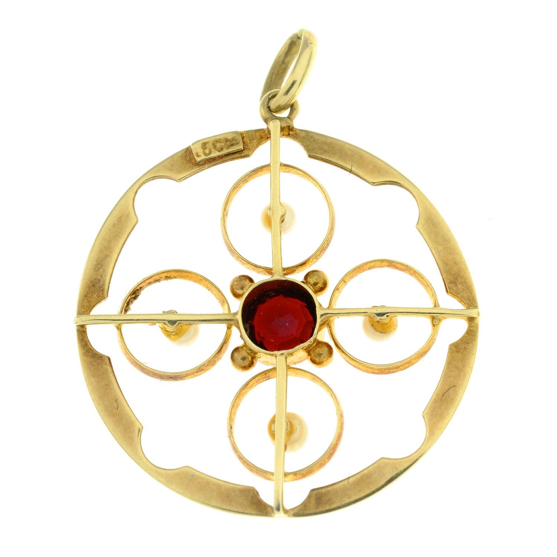 An early 20th century 15ct gold garnet-topped-doublet and seed pearl pendant. - Image 2 of 2