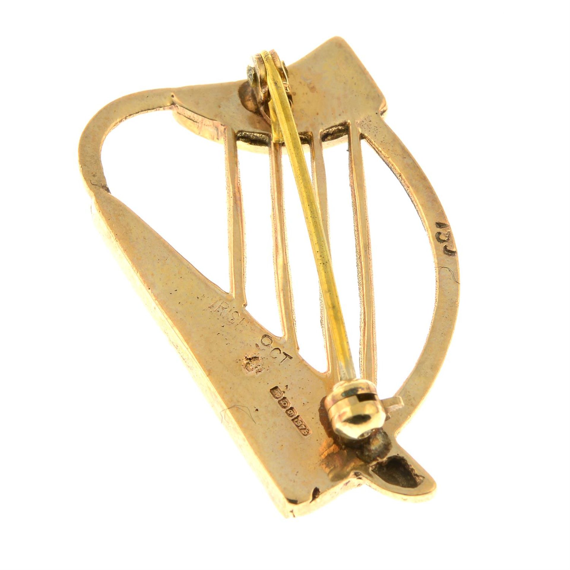 A mid 20th century 9ct gold connemara marble harp brooch. - Image 2 of 2