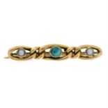 An early 20th century 9ct gold turquoise and split pearl brooch.