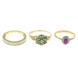 Three 9ct gold gem-set rings.