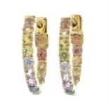 A pair of 18ct gold vari-hue sapphire and diamond hoop earrings.
