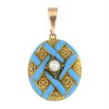 A late 19th century split pearl and blue enamel locket pendant.