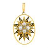 A late 19th century 9ct gold split pearl, diamond and enamel star pendant.