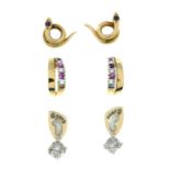 Three pairs of gem-set earrings.