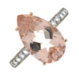 A 9ct gold pear-shape morganite ring, with colourless zircon shoulders.